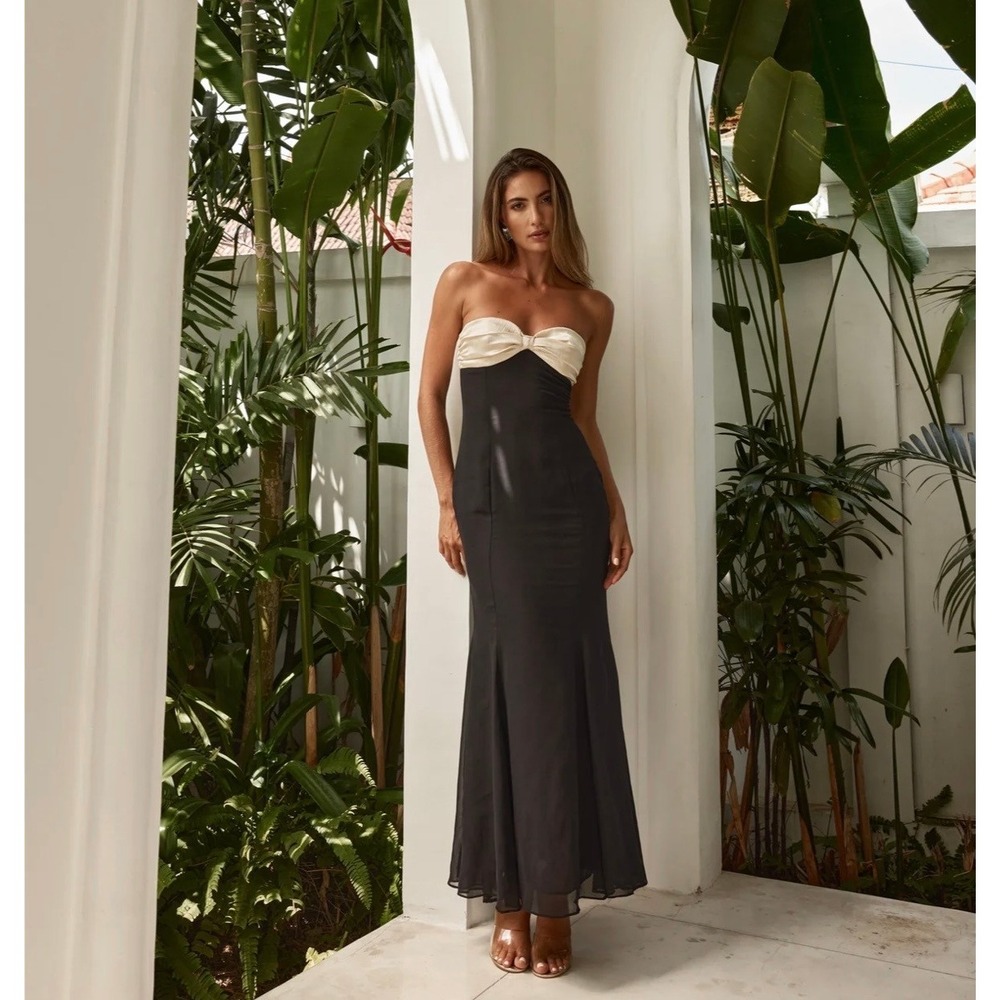 Runaway The Label Cecilia Strapless Maxi Dress Womens L Black Champagne Formal